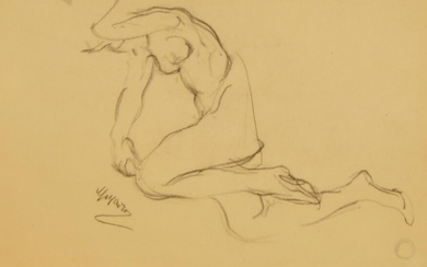 Mania Mavro, Ukrainian/French 1889-1969- Nude study; charcoal on paper, signed lower left 'M Mavro' and with studio stamp lower right, 28 x 45 cm: together with another signed nude study by the same artist of a similar size and medium...