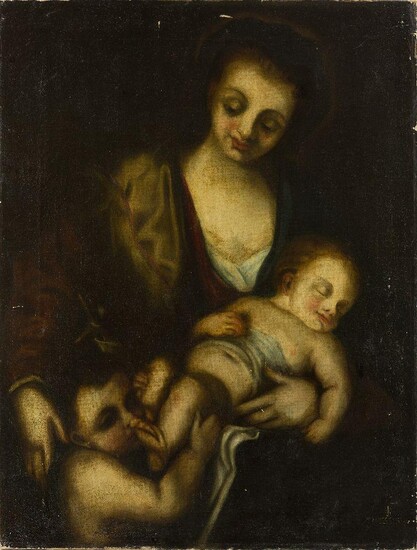 Manner of Antonio da Correggio, early to mid-19th century- Madonna with Christ and St John the Baptist as infants; oil on canvas, 61 x 46 cm., bears indistinct monogram and date in roman numerals Ã¢â‚¬ËœMCCCLXI [1361]Ã¢â‚¬â„¢ (lower right)...