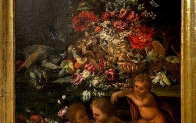 Mario de' Fiori Mario Nuzzi (attribuito a) (Roma 1603-Roma 1673) - Trionfo di fiori con frutta, selvaggina e gioco di putti
