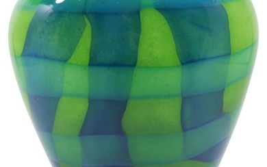 Mid-Century Modern Blue Green Art Glass Vase 8.5 in. height x 7.5 in. wide