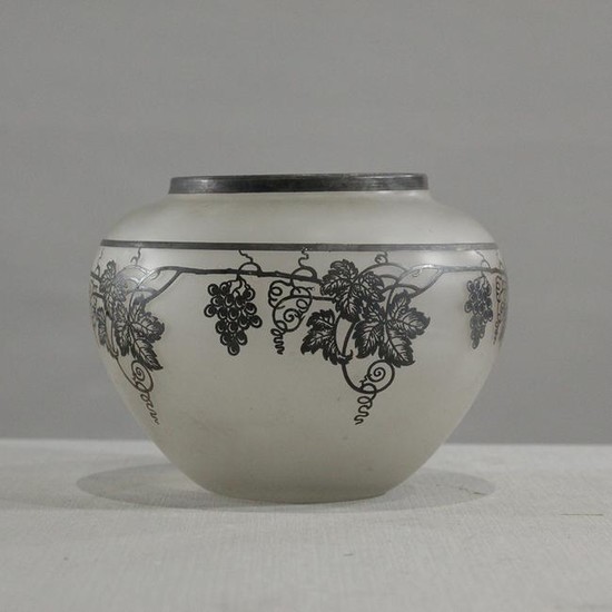 Mid-Century Satin Glass Vase Silver Overlay Grapes