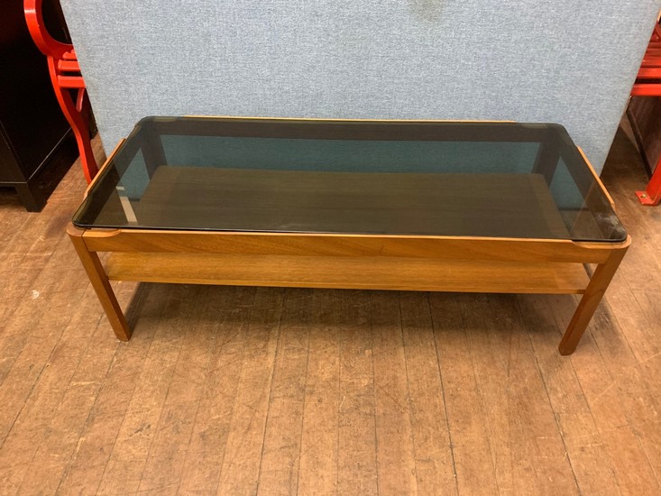 Mid century Myers teak and smoked glass coffee table.