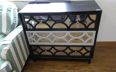 Modern 2 tone mirror fronted geometric patterned chest of 3...