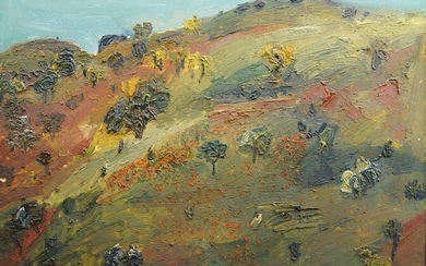 Modern British School, Hilly landscape with trees; oil on board, bears label for Sherbourne (Savile Row) Ltd. Fine Arts to the reverse of the frame, 60.5 x 74.7 cm.