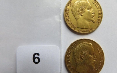 Monnaies or - Lot de 2 x 20 Francs Napoléon III, tête nue, 1854 A (TB+ rayures) et 1858 A (TB+)
