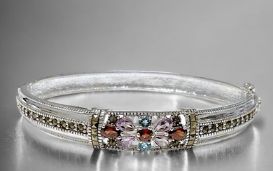 Multi-Gemstone and Marcasite Sterling Silver Hinged Bangle