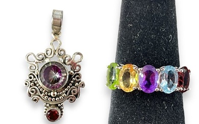 Mystic Topaz Silver Pendant and Multi-Color Gemstone Ring
