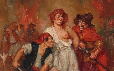 NORMAN LINDSAY, 1879 - 1969, The Dispute, oil on canvas, 41 x 34 cm. (16.1 x 13.3 in.), frame: 64 x 59 x 5 cm. (25.2 x 23.2 x 1.9 in.)