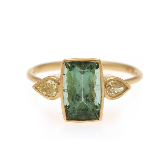 Natascha Trolle: A tourmaline and diamond ring set with a green tourmaline flanked by two diamonds, totalling app. 0.34 ct., mounted in 18k gold. Size 57.