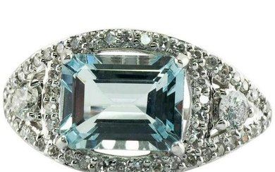 Natural Aquamarine Diamond Ring 18K White Gold