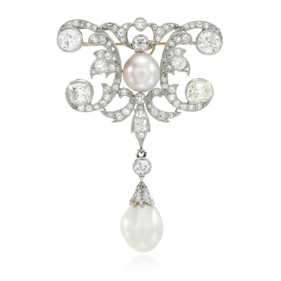 Natural pearl and diamond brooch, circa 1910