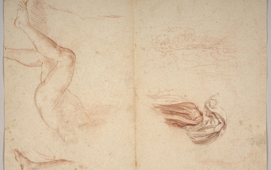 Nicolas MIGNARD, dit MIGNARD d'Avignon Troyes, 1606 - Paris, 1668 Recto : Etudes de jambes, paysage et drapé ; Verso : Etude de tête d'enfant, bras, pieds, et visage de la Vierge