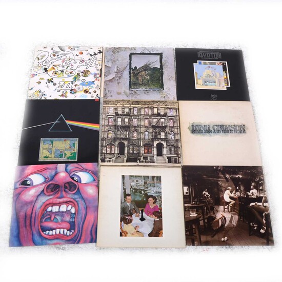 Nine vinyl LP records; including, King Crimson, Pink Floyd and Led Zeppelin.