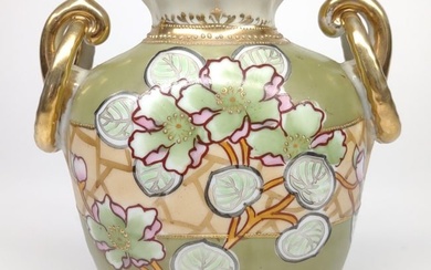 Nippon Floral Art Nouveau Green Ruffled Vase