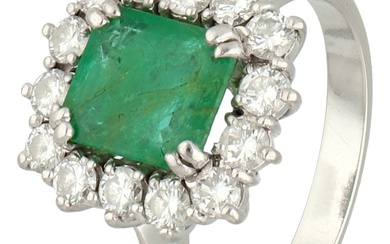 No Reserve - Platinum entourage ring set with approx. 1.14 ct. emerald and approx. 0.56...