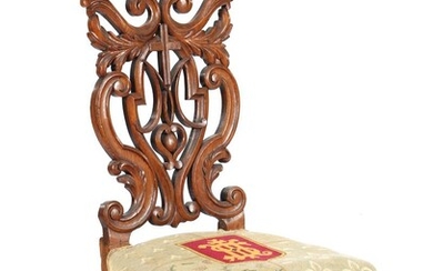 (-), Oak prayer chair with embroidered upholstery, backrest...