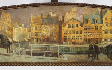 Oil on canvas View of the Graslei in Ghent, not signed, from Wilson hotel Korenlei Gent