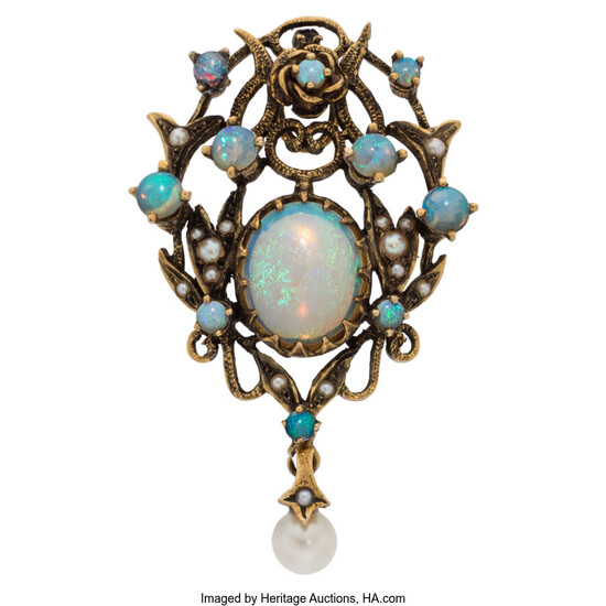 Opal, Cultured Pearl, Gold Brooch-Pendant Stones: Opal cabochons Pearl:...