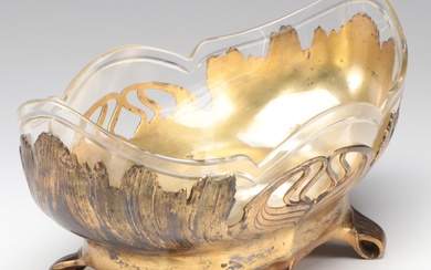 Orivit German Art Nouveau Gilt Metal Mounted Glass Centerpiece Bowl