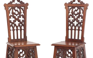 PAIR OF CARVED GOTHIC REVIVAL SIDE CHAIRS C 1880 HAVING...