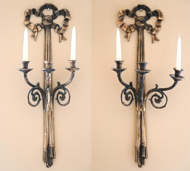 PAIR OF GILT BRASS RIBBON & TASSEL CANDLE SCONCES