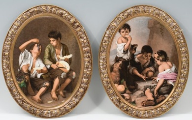 PAIR OF OVAL PORCELAIN PLAQUES OF STREET URCHINS