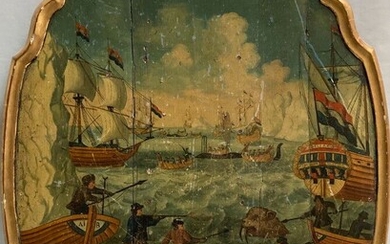 PANNEAU peint à décor d'une scène de chasse à la baleine et au morse 93...