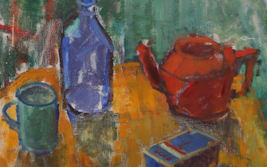 PÄR THORELL. Still life with bottle, mug and jug. Oil on canvas, signed and dated -52.