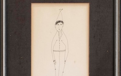 PEN AND INK CARTOON OF A BOY WEARING A DUNCE CAP Bird perched upon the boy's cap. Encircled monogram lower right "MW". On paper, 7.2..