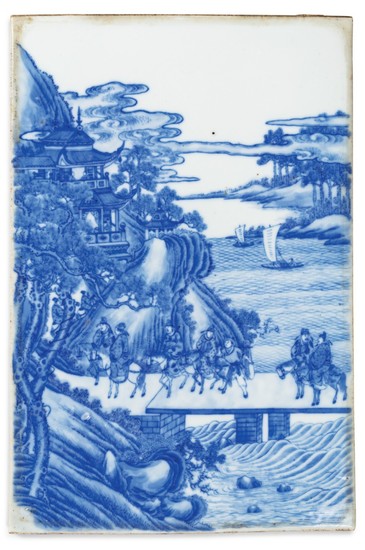 PLAQUE EN PORCELAINE BLEU BLANC | 青花人物故事圖瓷板 | A blue and white porcelain 'landscape' plaque