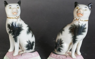 Pair Antique English Staffordshire Pottery Cats