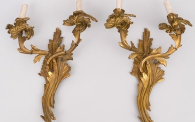 Pair Antique Rococo Gilt Brass Wall Sconces