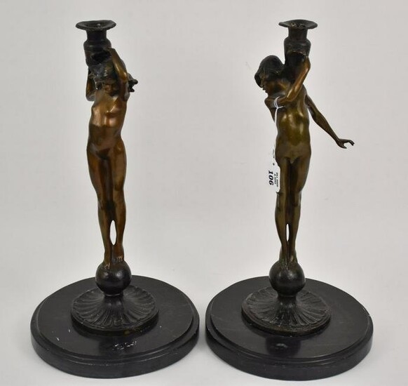 Pair Bronze Figural Candlesticks on Black Marble Bases