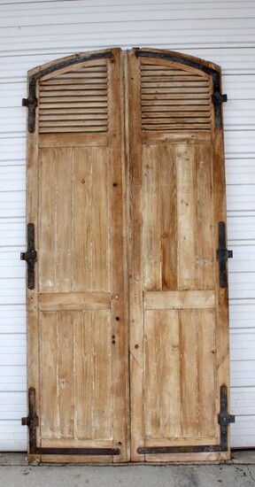 Pair French rustic doors in pine with forged iron