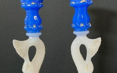 Pair MMA Hand Painted Glass Koi Candlesticks