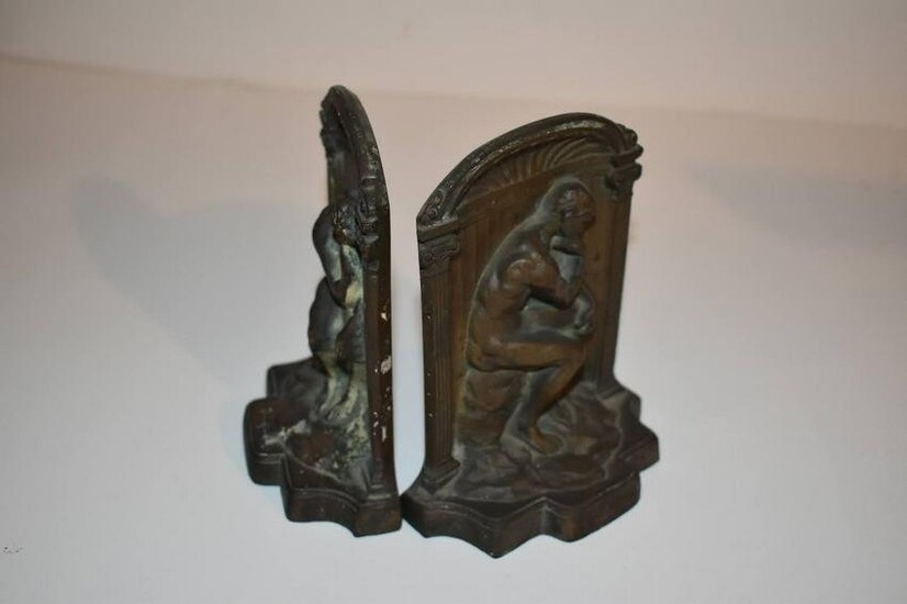 Pair Rodin Neoclassical Thinking Man, Solid Cast Bronze Art Deco BOOKENDS