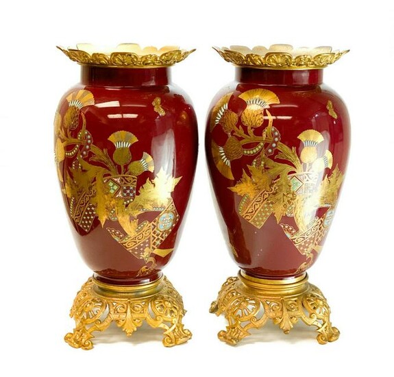 Pair Sarreguemines Porcelain Gilt Bronze Vases, c1900
