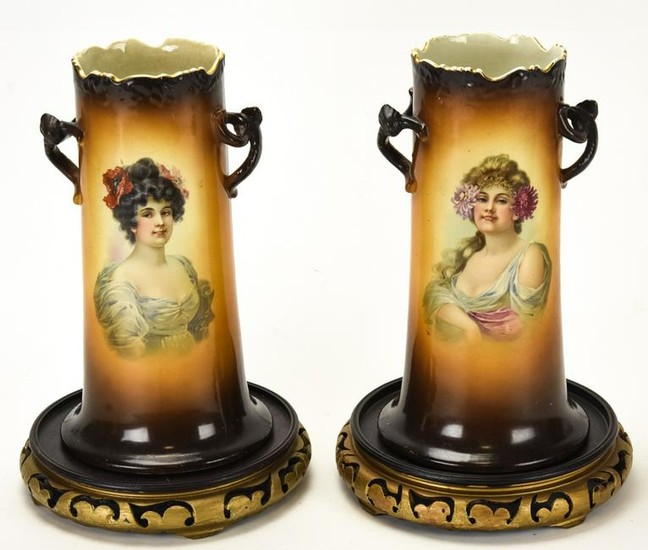 Pair Warwick Ioga Porcelain Portrait Cylinder Vase
