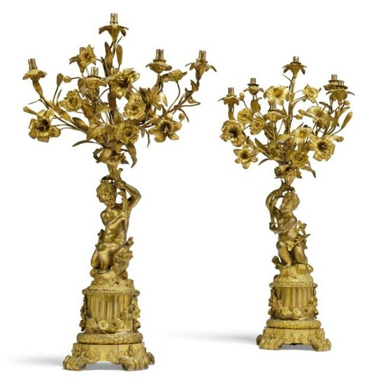 Pair of 19th C. French Figural Gilt Bronze Six Light