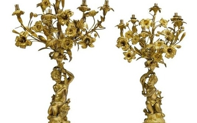 Pair of 19th C. French Figural Gilt Bronze Six Light