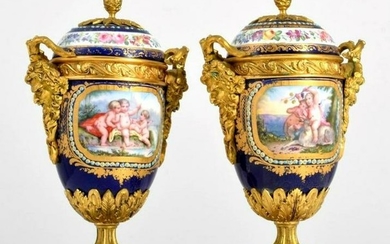 Pair of 19th C. Sevres Porcelain & Gilt Bronze Covered
