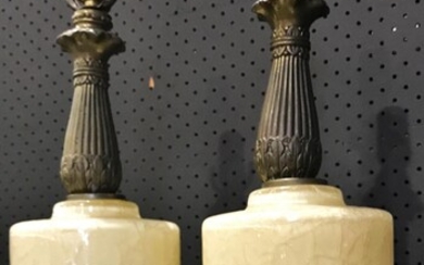 Pair of Brass and Crackled Glass Fond Table Lamps