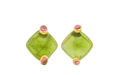 Pair of Gold, Cabochon Peridot and Pink Tourmaline Earclips