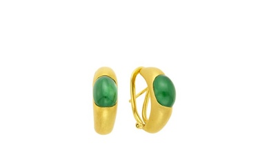Pair of Gold and Jade Half-Hoop Earrings
