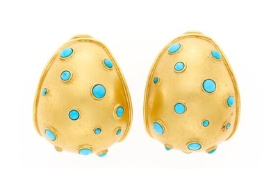 Pair of Gold and Turquoise Bombé Earclips