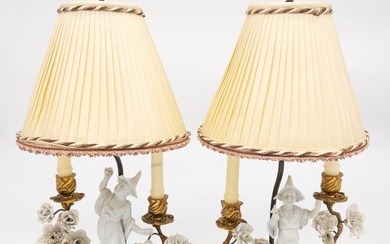 Pair of Mottahedeh Blanc De Chine Figural Floral Porcelain Lamps