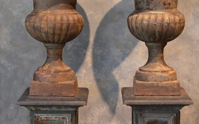 Pair of Tall Cast Iron Medici Urns on Pedestals with French Republic Medallions