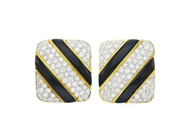 Pair of Two-Color Gold, Black Onyx and Diamond Earclips