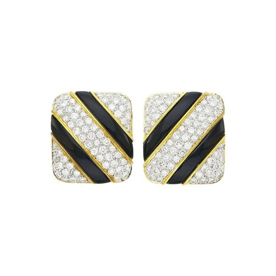 Pair of Two-Color Gold, Black Onyx and Diamond Earclips