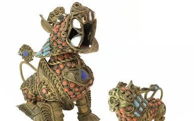 Pair of chinese brass Pho / Fo / Foo Dog with coral